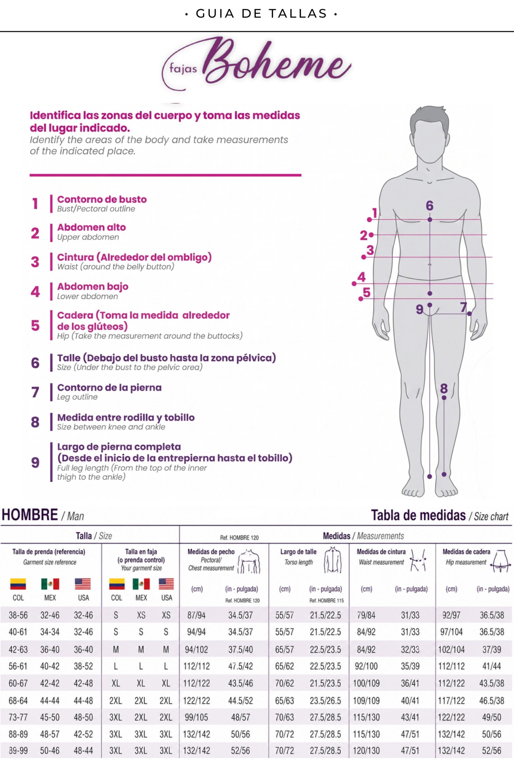 Fajas Boheme size chart